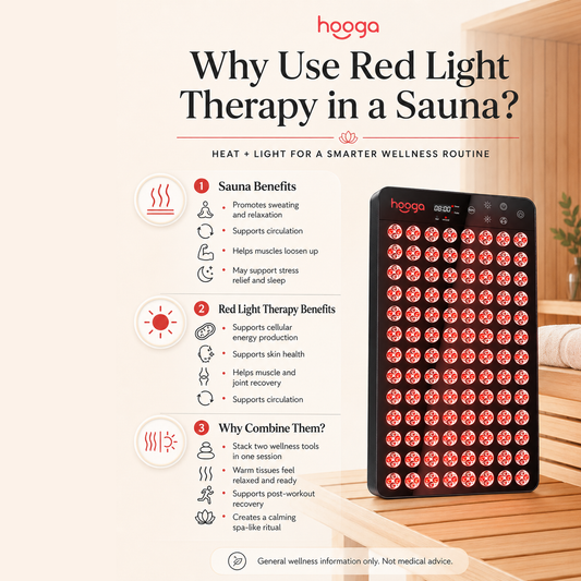 Why use red light therapy in a sauna infographic featuring the Hooga Ember panel and benefits for circulation, muscle recovery, and skin health