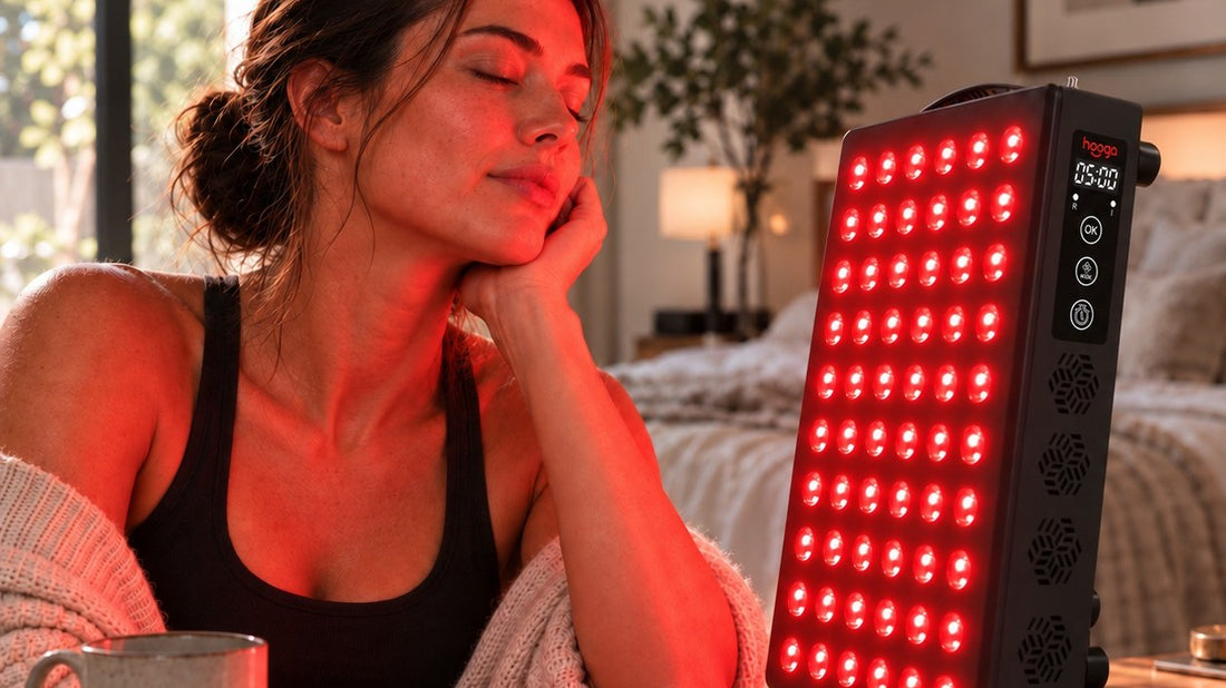 Woman relaxing beside a Hooga PRO300 red light therapy panel at home