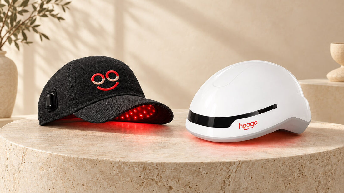 Hooga LED red light therapy hat beside a red light laser helmet for hair and scalp care