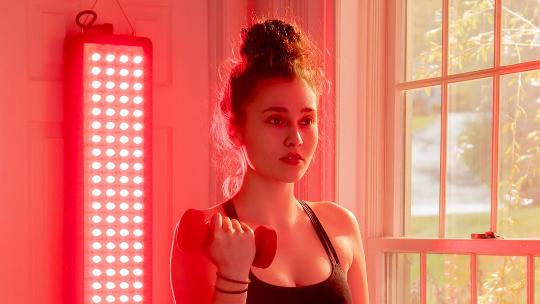 Woman training beside a Hooga red light therapy panel at home