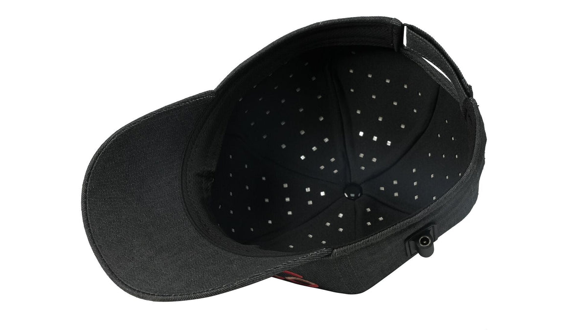 Inside view of the Hooga Red Light Therapy Hat with LEDs switched off, showing the LED layout and power connector.