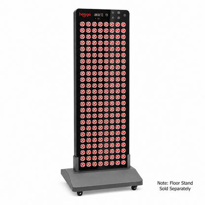 Hooga Blaze red light therapy panel standing upright on the Sauna Series floor stand
