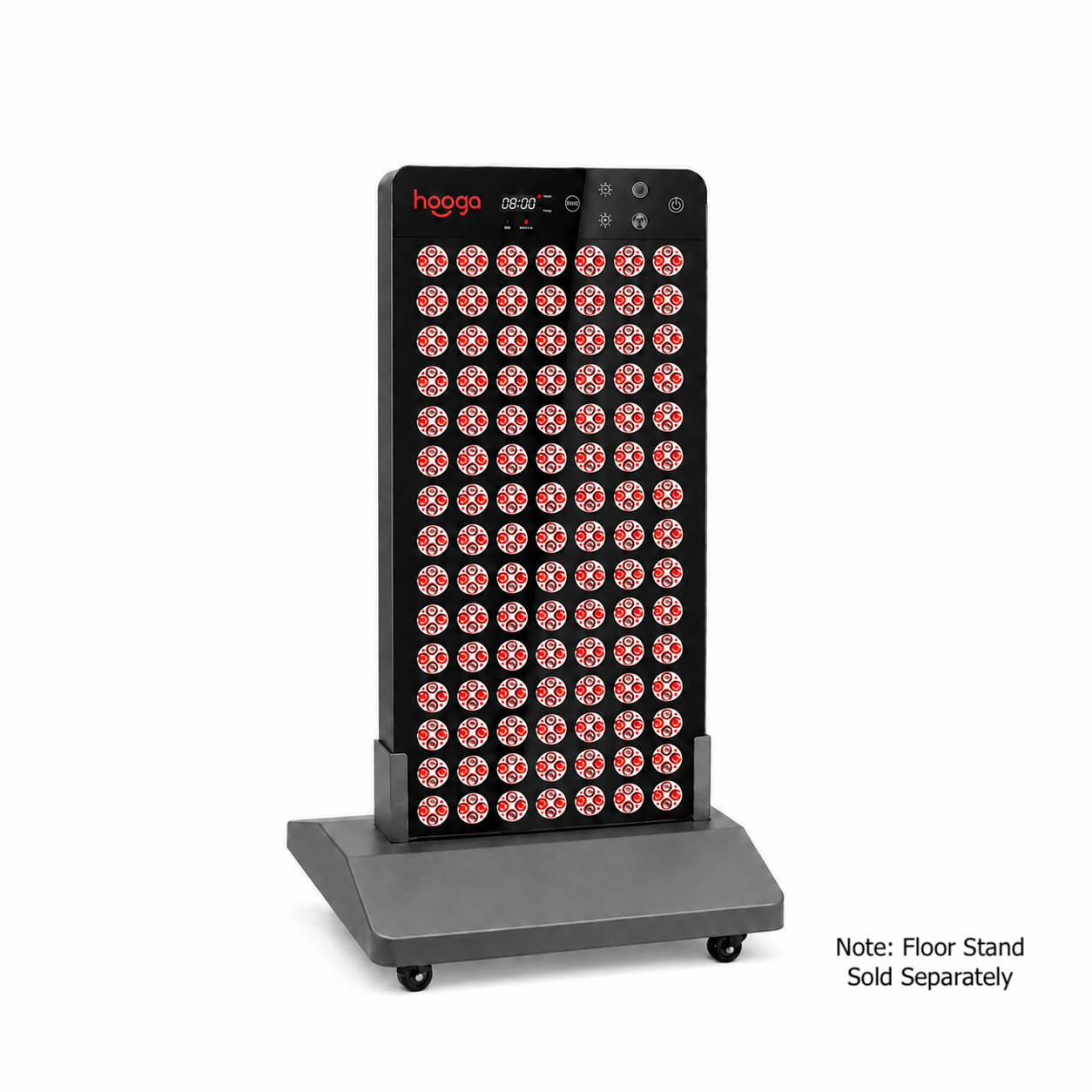 Hooga Ember red light therapy panel standing upright on the Sauna Series floor stand