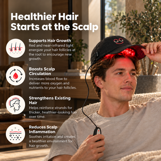 Man lifting the illuminated Hooga Red Light Therapy Hat beside a graphic describing hair growth and scalp wellness benefits.