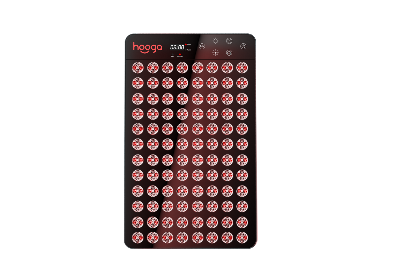 Hooga Ember sauna panel specifications: 384 LEDs, 180W, 630/660/810/850nm wavelengths, IP65 rated to 194°F