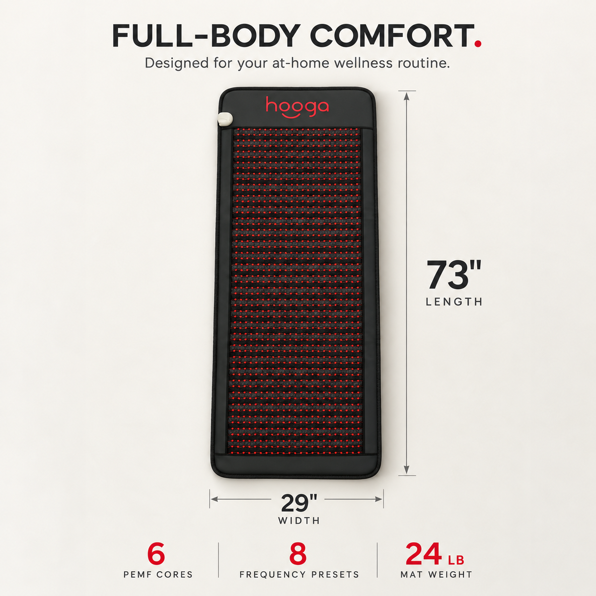 Hooga PEMF Mat with Infrared Heat, mat dimensions 73 x 29 in, 24 lb