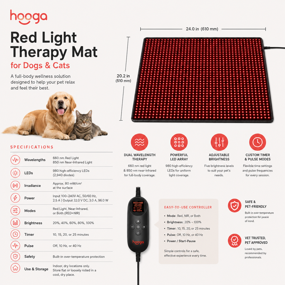 Hooga pet red light therapy mat specifications and controller settings