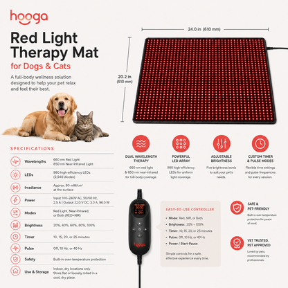 Hooga pet red light therapy mat specifications and controller settings