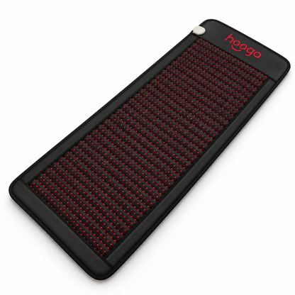 Hooga PEMF Mat with Infrared Heat, black mat with red LEDs, angled view