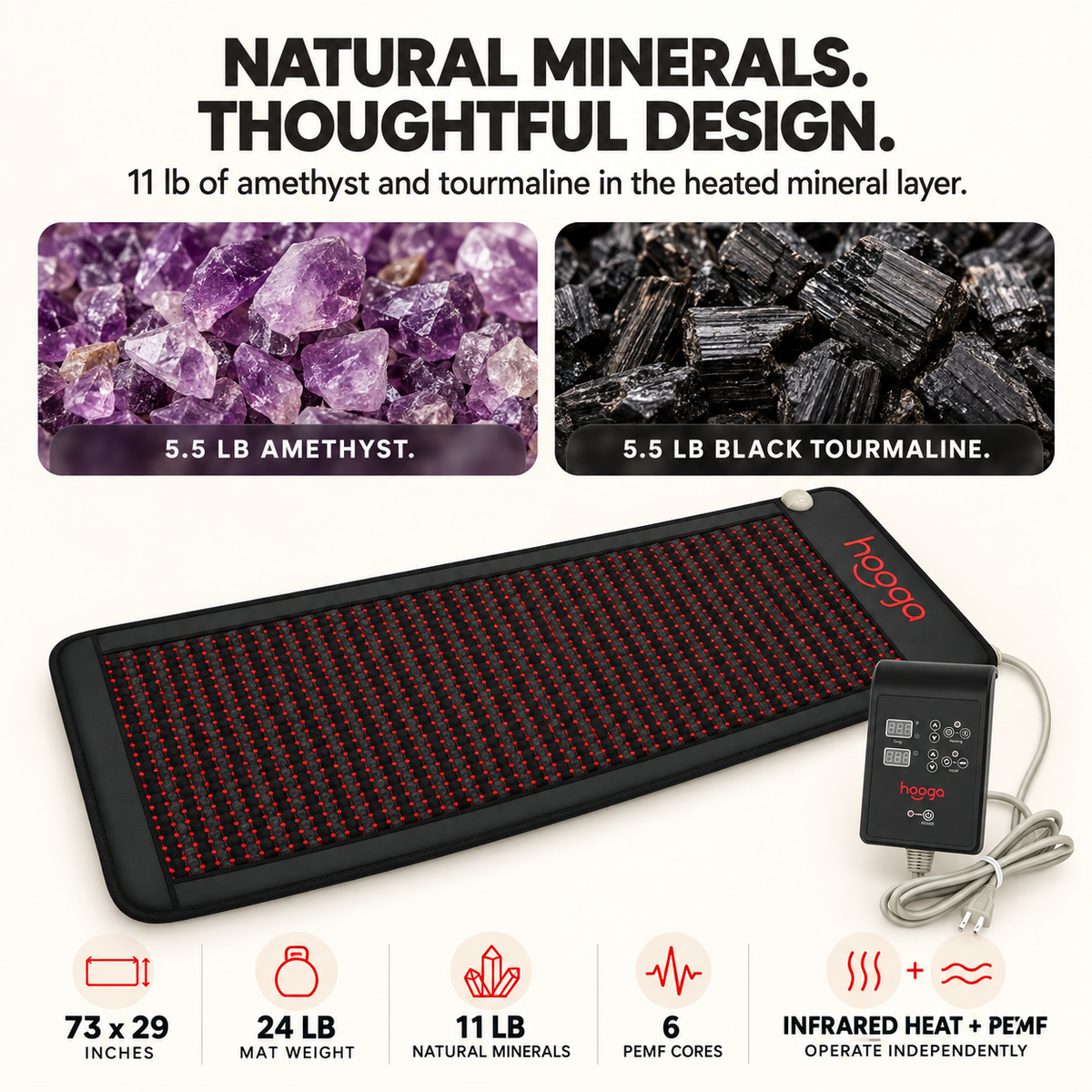 Hooga PEMF Mat with Infrared Heat, amethyst and tourmaline layer graphic with mat and controller