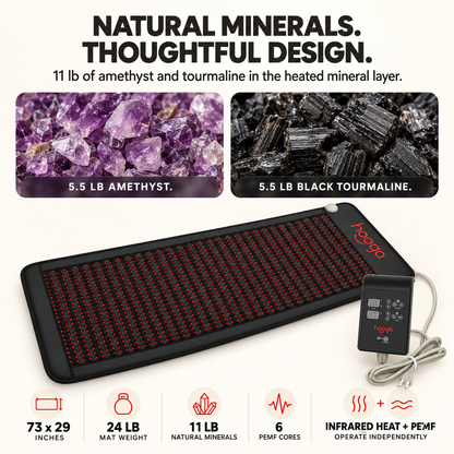 Hooga PEMF Mat with Infrared Heat, amethyst and tourmaline layer graphic with mat and controller