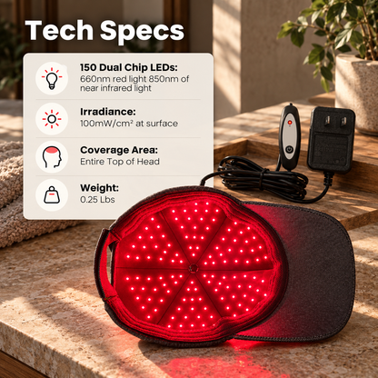 Hooga Hat with illuminated LEDs, controller and adapter; graphic lists 150 dual-chip LEDs, 660nm red and 850nm near-infrared light.