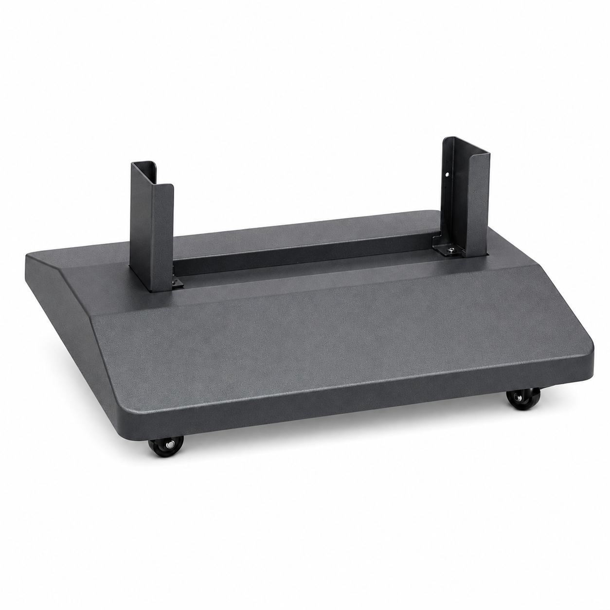 Hooga Sauna Series floor stand, angled view of the gray iron rolling base with black upright brackets and locking caster wheels