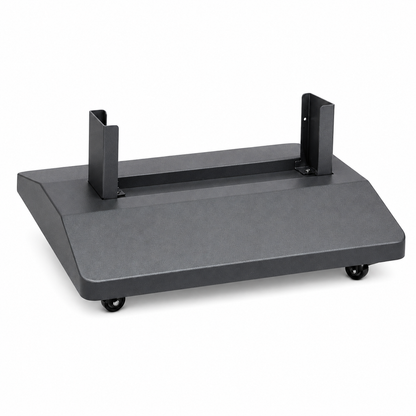 Hooga Sauna Series floor stand, angled view of the gray iron rolling base with black upright brackets and locking caster wheels