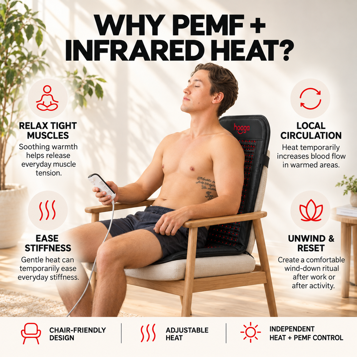 Hooga PEMF Chair Mat, man sitting on chair mat, feature graphic