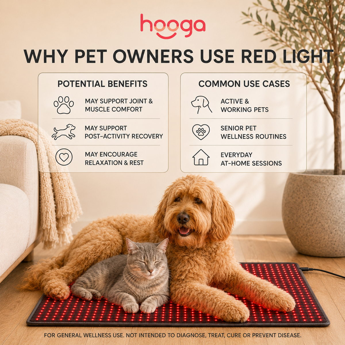 Dog and cat resting on a Hooga red light therapy mat at home
