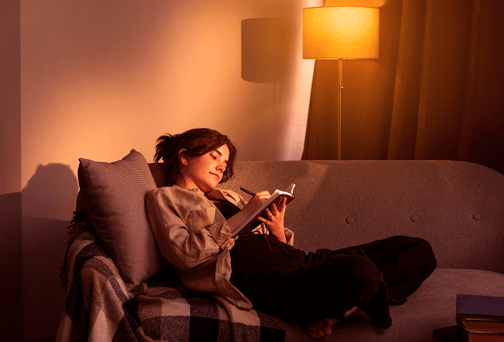 Blue-light-free lighting helps you naturally wind down.