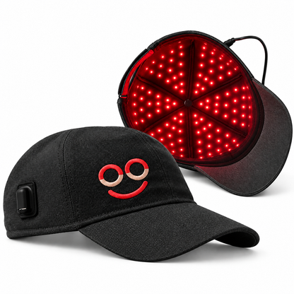 Black Hooga Red Light Therapy Hat shown from the front and underneath, with red LEDs illuminated inside the cap.