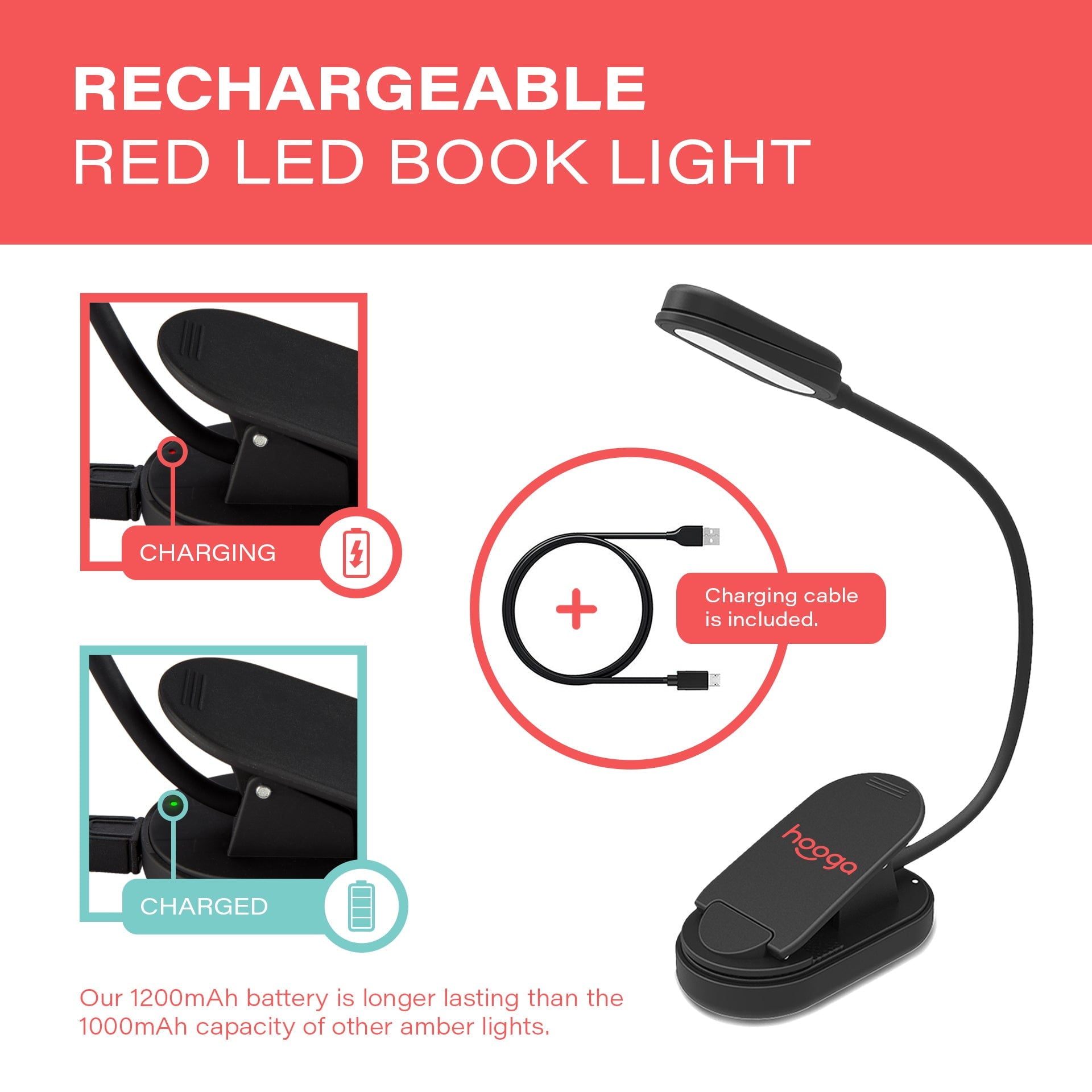 Red Reading Light Red LED Rechargeable Book Light Hooga