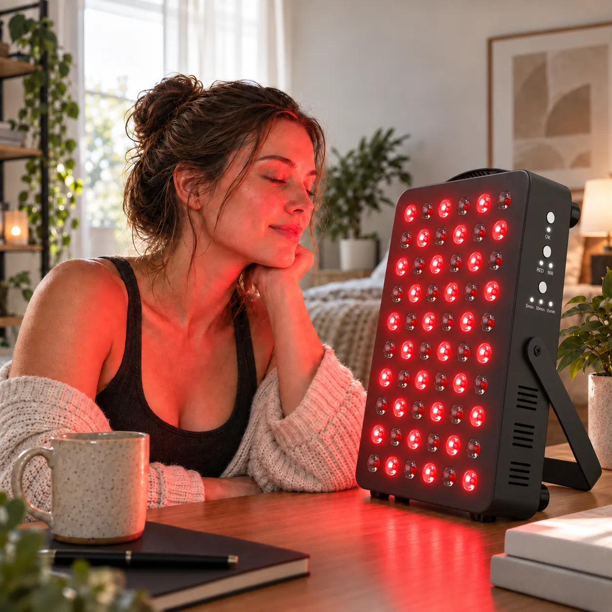 Hooga HG300 red light therapy panel illuminated beside a seated person at home